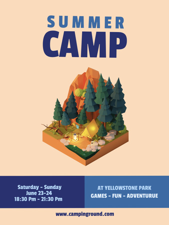 Plantilla de diseño de Anuncio de campamento de verano con ilustración de árboles Poster US 