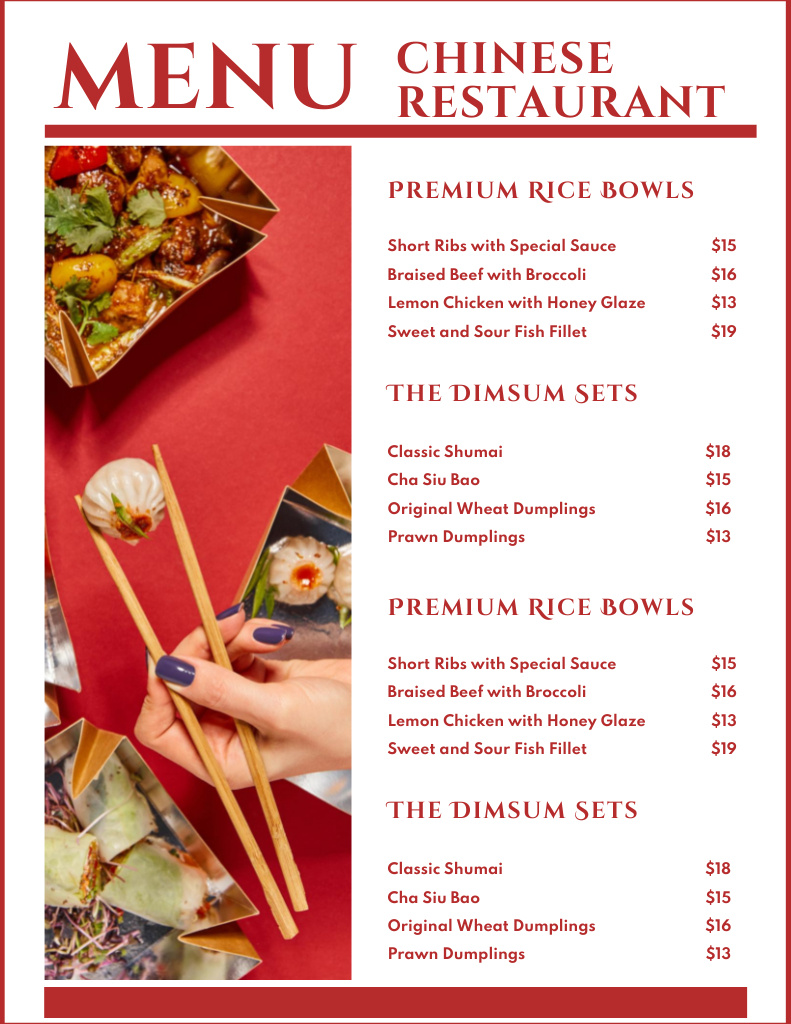 Chinese Restaurant Offers Spicy Traditional Cuisine Menu 8.5x11in Modelo de Design