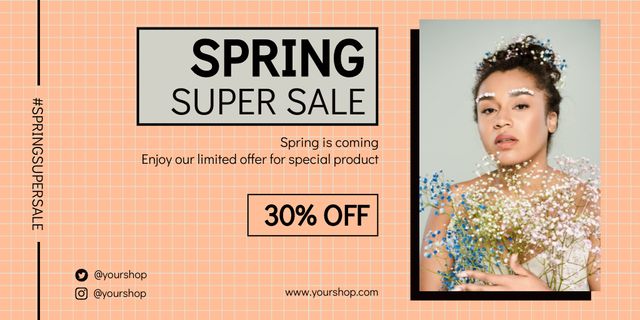 Ontwerpsjabloon van Twitter van Spring Super Sale with African American Woman with Flowers