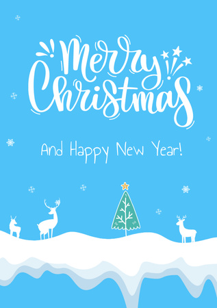 Platilla de diseño Christmas and New Year Cheers with Winter Landscape and Deers Postcard A5 Vertical