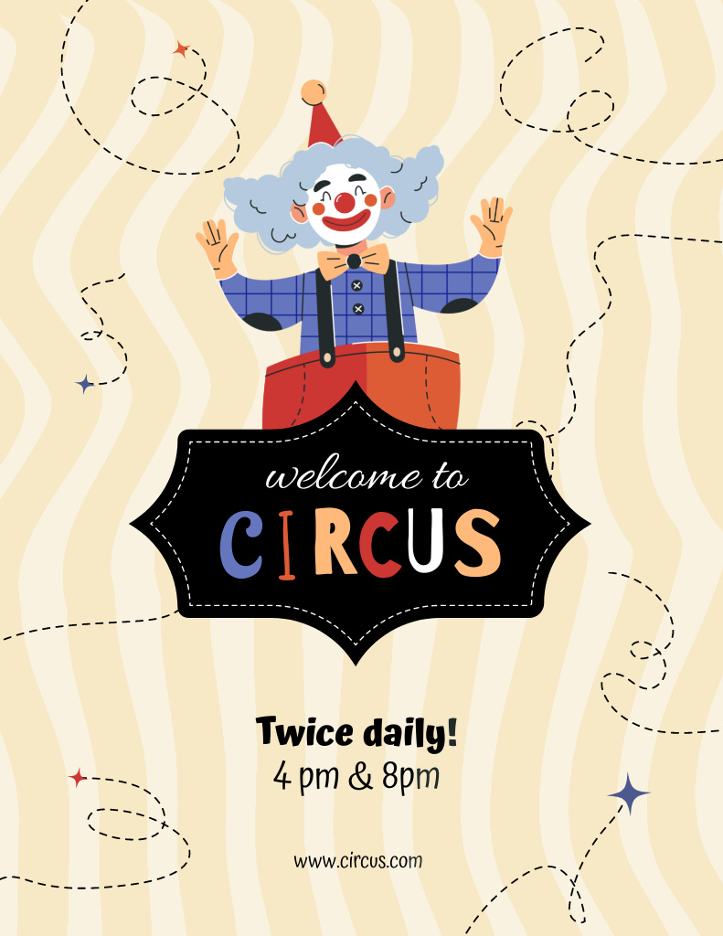 Circus Show Announcement with Illustration of Funny Clown Poster 8.5x11in Tasarım Şablonu