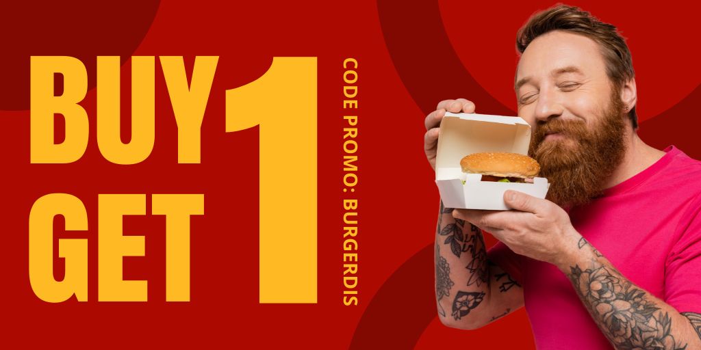 Ontwerpsjabloon van Twitter van Special Offer with Man holding Tasty Burger