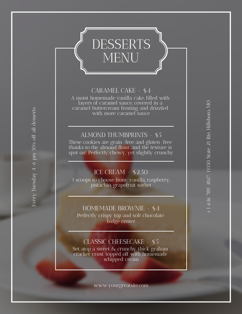 Desserts List with Strawberry Pie Menu 8.5x11in Tasarım Şablonu