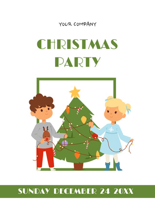 Announcement of Christmas Party with Children Decorating Tree Poster Design Template