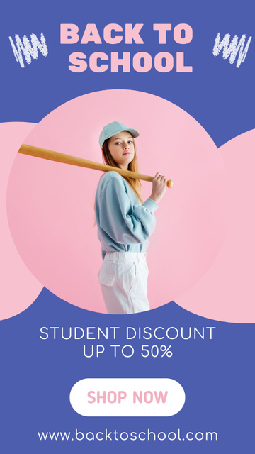 Student Sale Announcement with Girl with Baseball Bat Instagram Video Story – шаблон для дизайна