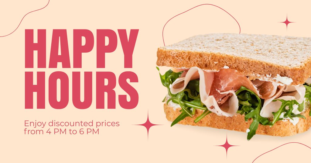 Ontwerpsjabloon van Facebook AD van Happy Hours Ad with Tasty Meat Sandwich
