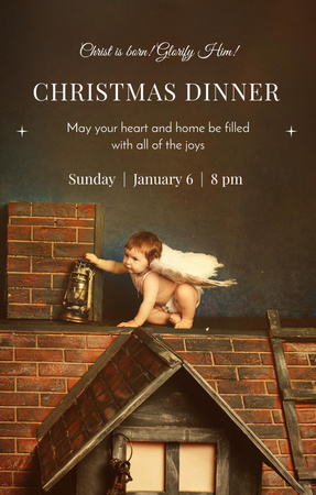 Orthodox Christmas Dinner With Little Angel On Roof Invitation 4.6x7.2in Tasarım Şablonu