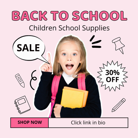 Discount on Kids School Supplies with Cute School Girl Instagram Design Template