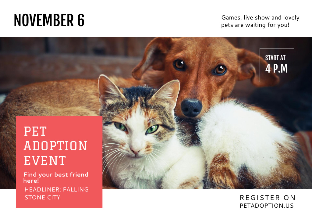 Pet Adoption Event with Dog and Cat Hugging Postcard Design Template