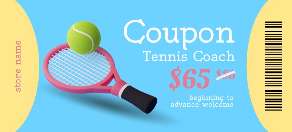 Ontwerpsjabloon van Coupon 3.75x8.25in van Tennis Classes Promotion with 3D Illustration in Blue