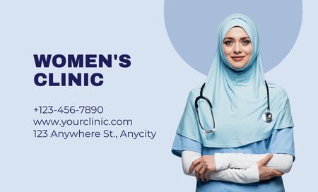 Ad Women's Health Clinic with Photo of Female Doctor in Hijab Business Card 91x55mm tervezősablon