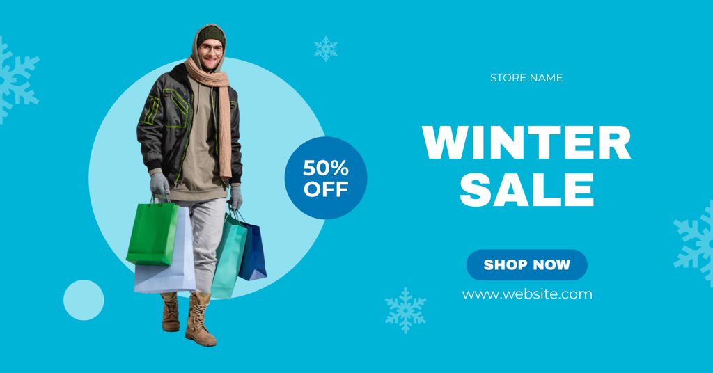 Plantilla de diseño de Winter Sale Ad with Handsome Man with Shopping Bags Facebook AD 