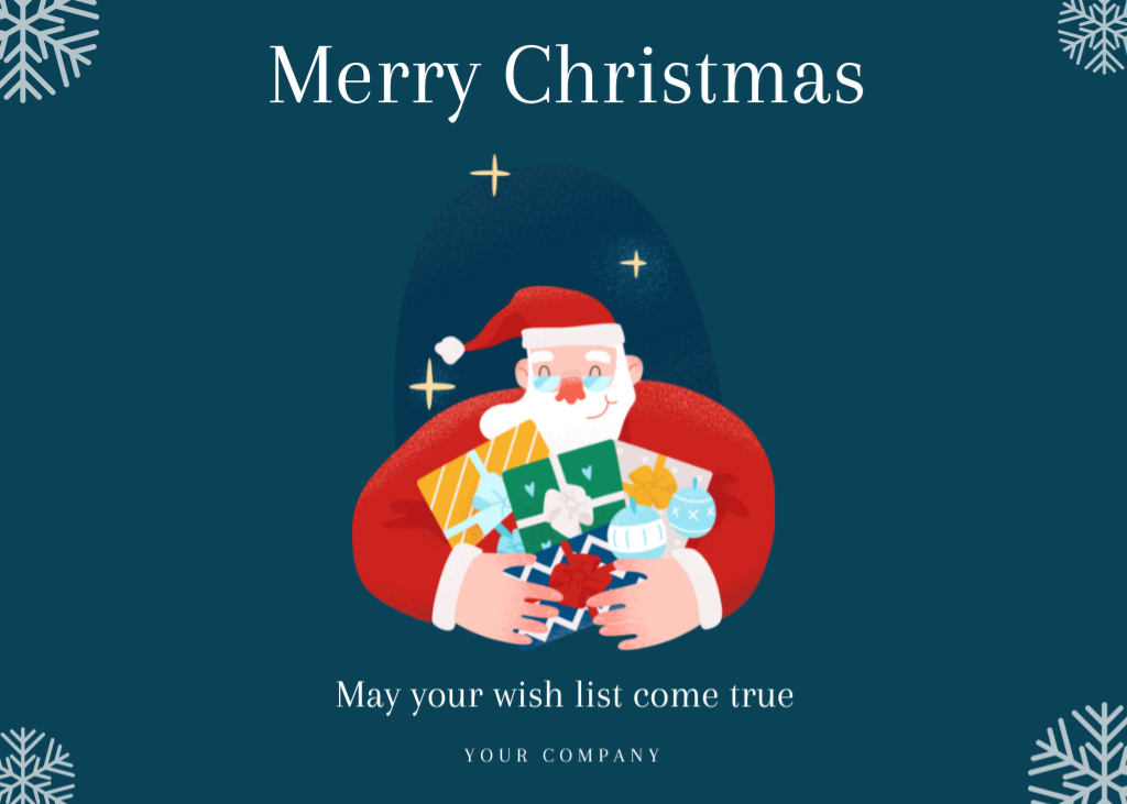Template di design Christmas Greetings with Santa Smiling And Holding Gifts Postcard 5x7in