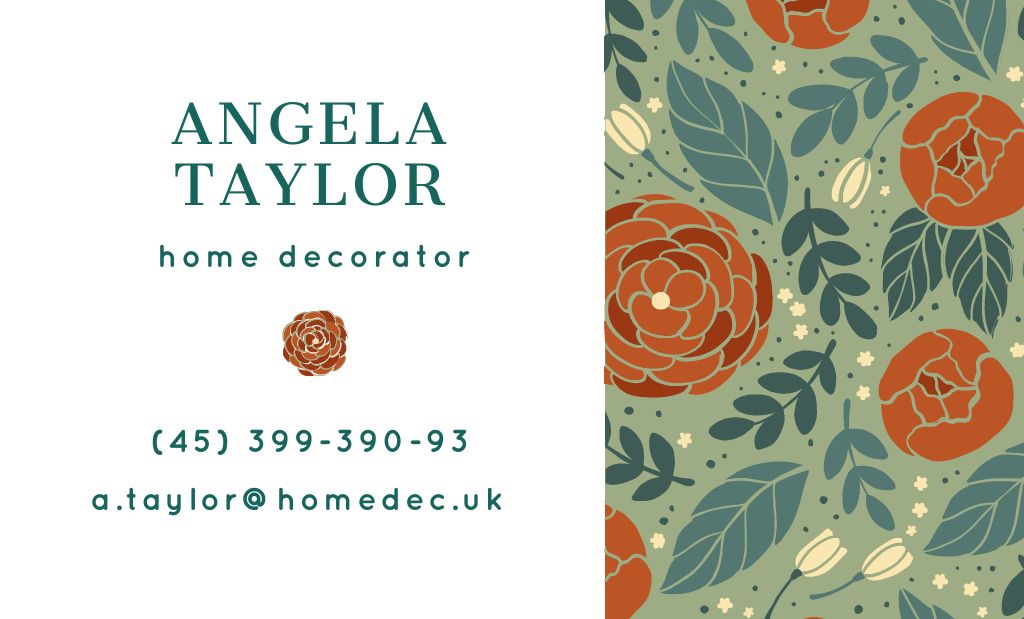 Home Decorator Contacts in Floral Pattern Business Card 91x55mm Design Template