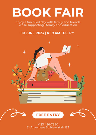 Plantilla de diseño de Anuncio de evento de feria del libro con chica lectora Poster 