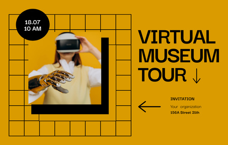 Plantilla de diseño de Anuncio de visita al museo virtual con Cyber ​​Woman Invitation 4.6x7.2in Horizontal 