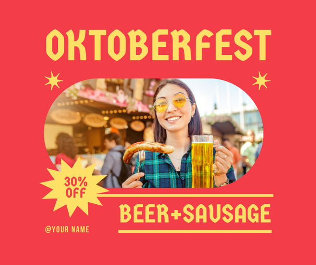 Ontwerpsjabloon van Facebook van Delicious Beer And Sausage With Discount For Oktoberfest Celebration