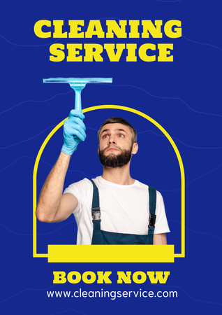Cleaning Services offer with a Man in Uniform Poster Modelo de Design