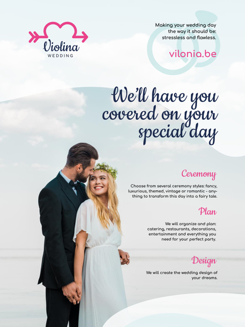 Wedding Planning Services Proposition with Newlyweds Poster USデザインテンプレート