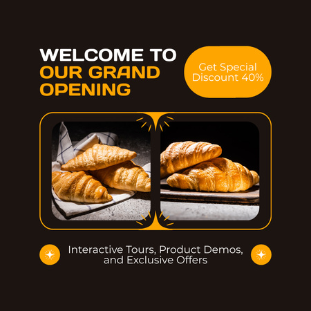 Modèle de visuel Grande ouverture de la boulangerie avec une réduction spéciale sur les croissants - Instagram AD