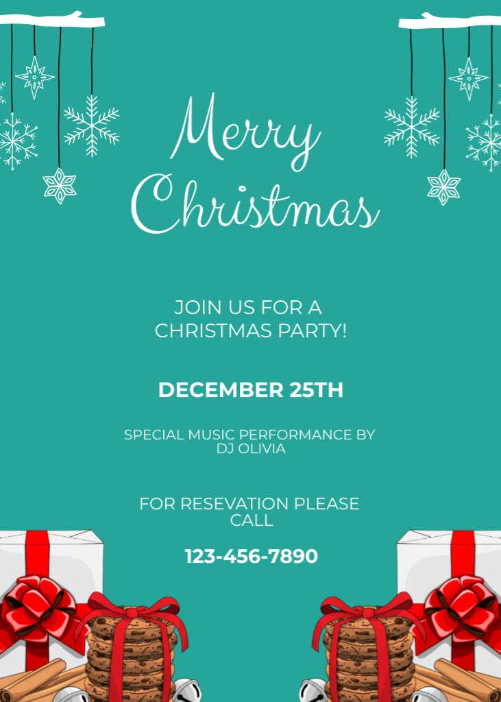 Christmas Festivity with Presents and Snowflakes Invitation Design Template