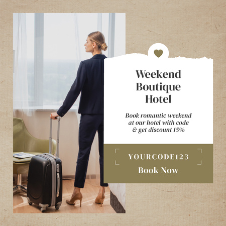 Tarjouskooditarjous hotellivarauksesta naisen kanssa matkalaukun kanssa Instagram AD Design Template