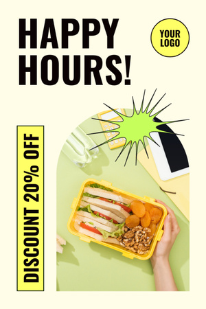 Fast Casual Restoran Reklamında Öğle Yemeği Kutusuyla Happy Hours Tumblr Tasarım Şablonu
