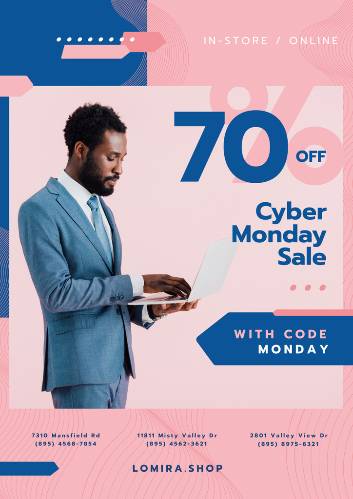 Cyber Monday Sale with Man Typing on Laptop Poster Design Template