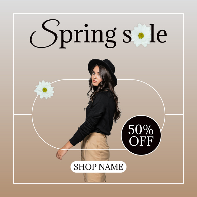Designvorlage Spring Sale Announcement with Beautiful Brunette in Hat für Instagram AD