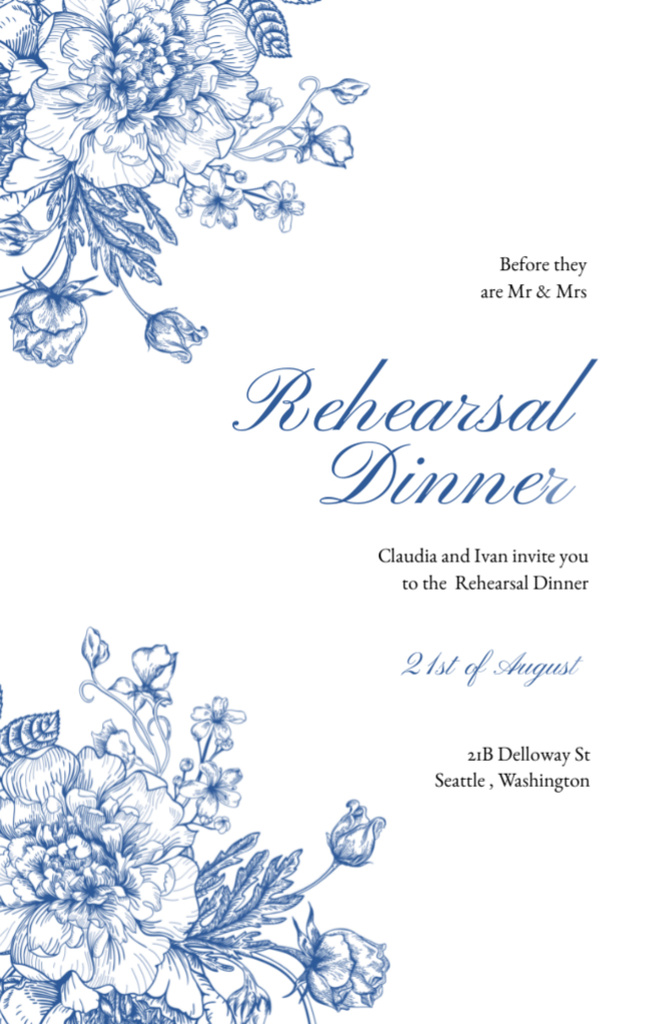 Elegant Blue Flowers on White Rehearsal Dinner Announcement Invitation 5.5x8.5in Design Template