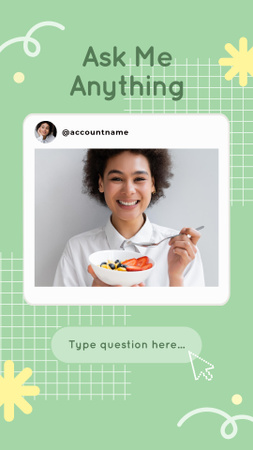 Get To Know Me Quiz with Happy Smiling Woman Instagram Story Design Template