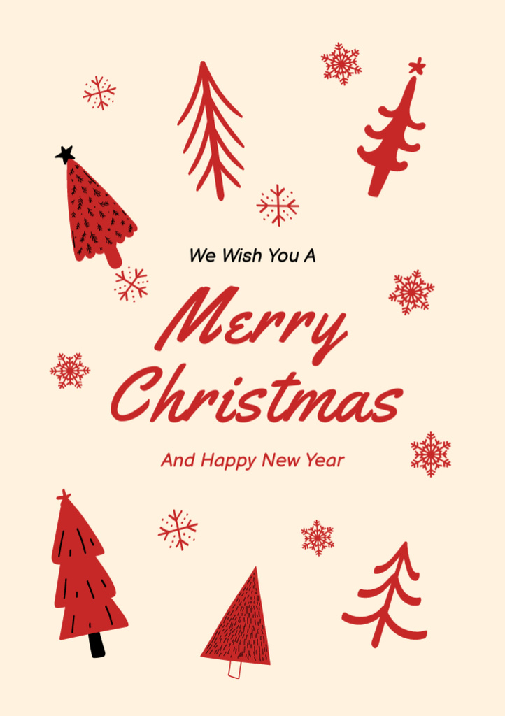 Template di design Christmas and New Year Wishes with Red Trees Postcard A5 Vertical