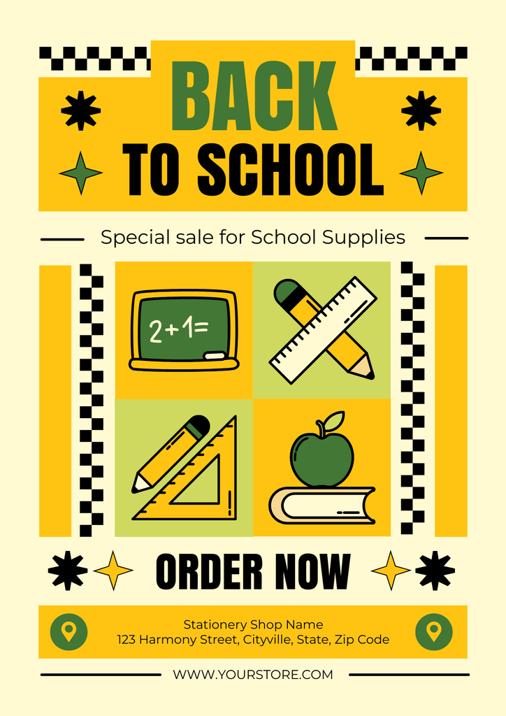 School Stationery Offer on Yellow Poster Design Template