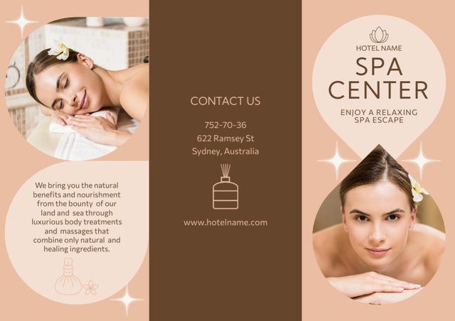 Spa Center Services with Beautiful Young Woman on Massage Brochure Modelo de Design