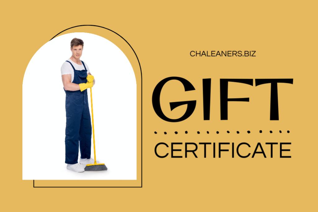 Ontwerpsjabloon van Gift Certificate van Eco-friendly Cleaning Services Offer With Broom And Voucher