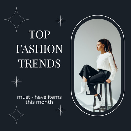 Designvorlage Top Fashion Trends with Stylish Woman Sitting on Chair für Instagram