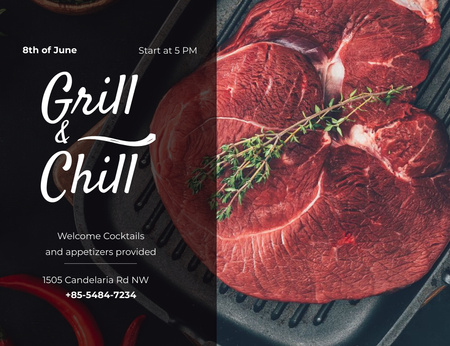Plantilla de diseño de Raw Meat Steak On Grill Party Invitation 13.9x10.7cm Horizontal 