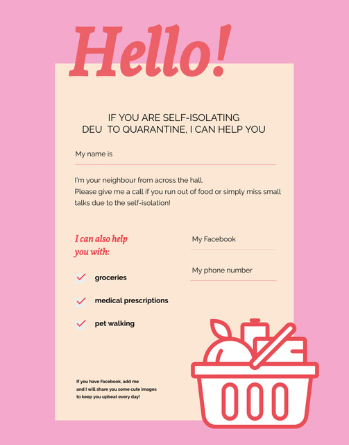 Volunteer Help for People on Self-isolation in Pink Poster 22x28in Design Template