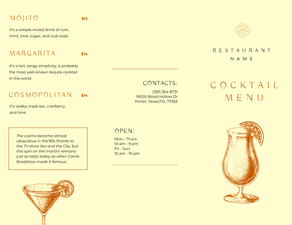 List Of Cocktails In Glasses With Lemons Menu 11x8.5in Tri-Fold Šablona návrhu