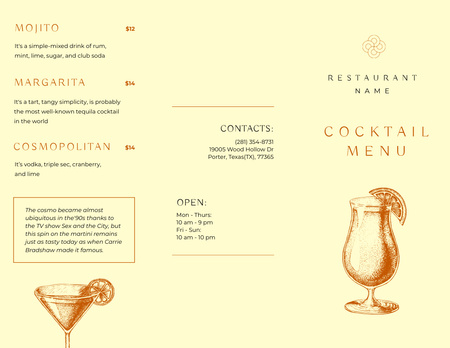 List Of Cocktails In Glasses With Lemons Menu 11x8.5in Tri-Fold Design Template