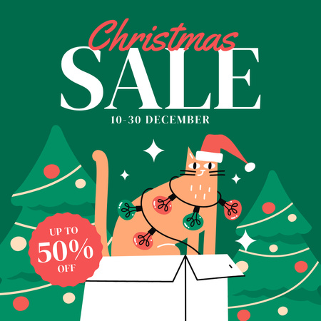 Christmas Sale Offer Cute Cat in Holiday Outfit Instagram AD Design Template