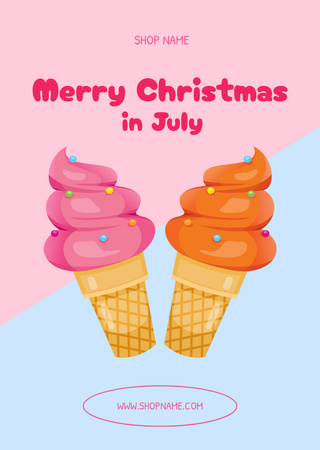 Merry Christmas in July Greeting with Ice Cream Postcard A6 Vertical Tasarım Şablonu