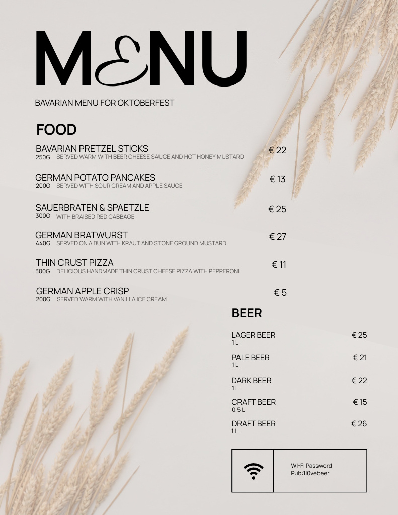 Wheat Twigs And Beer Types For Oktoberfest Menu 8.5x11inデザインテンプレート