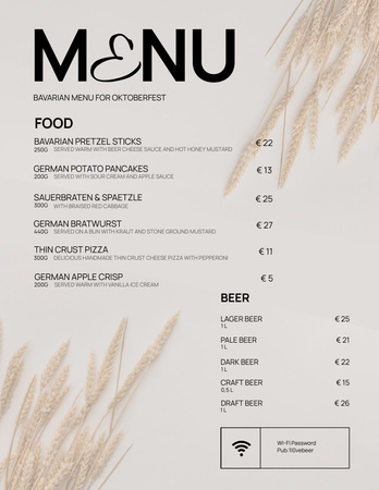 Пшеничні гілки та види пива для Октоберфесту Menu 8.5x11in – шаблон для дизайну