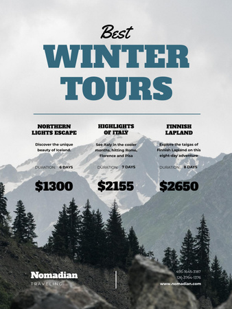 Ontwerpsjabloon van Poster US van Winter Tour Offer with Snowy Mountains
