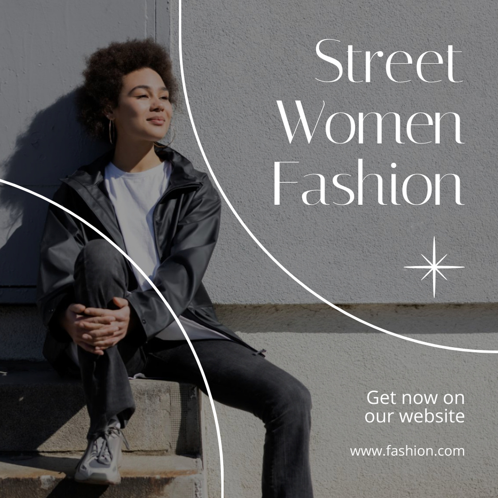 Stylish Clothes Ad with Beautiful African American Woman in Jacket Instagram Tasarım Şablonu