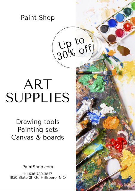 Plantilla de diseño de Art Supplies And Tools Sale Offer With Discounts In White Flyer A4 