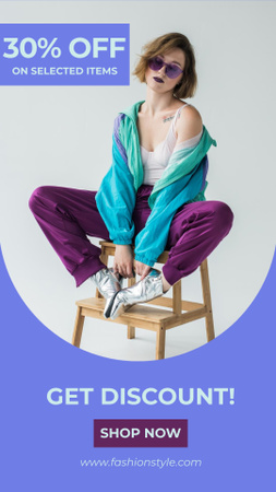 Fashion Sale Announcement with Stylish Woman on Chair Instagram Story tervezősablon