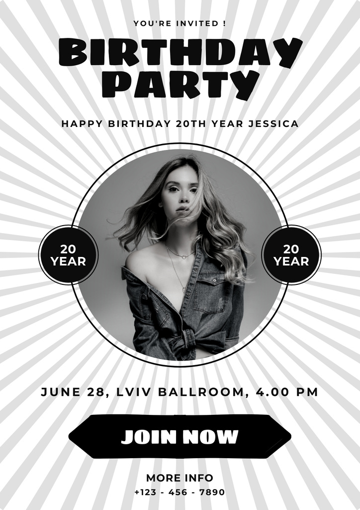 Black and White Birthday Party Announcement Poster Πρότυπο σχεδίασης