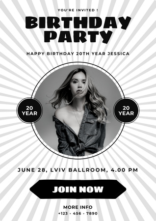 Black and White Birthday Party Announcement Poster Design Template